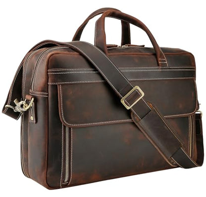 Masa Kawa Leather Briefcase for Men 15.6", 17" Laptop Computer Case Business Travel Work Messenger Cross Body Shoulder Bag - color: Brown-fits 17" Laptop