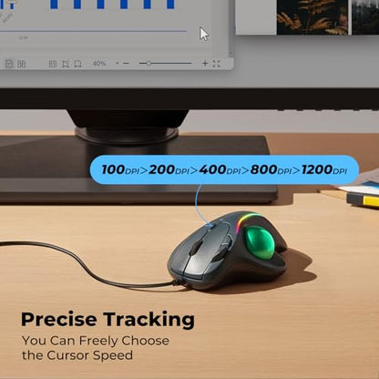 Wired Trackball Mouse with RGB Lighting, Ergonomic Thumb Control to Reduce Muscle Strain, 5 Adjustable DPI, Dual USB-C & USB-A Connectivity, Compatible with PC, Laptop, Mac, Windows-Green - color: F-Green