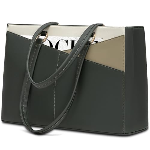 LOVEVOOK Laptop Tote Bag for Women,Computer Briefcase for Work Office | Fits 15.6 Inch Laptop, Waterproof Front Pocket, Shoulder Strap, Large Purse for Business Office Work - color: Dark Green/Olive Green/Off White 15.6 Inch, size: 15.6 inch