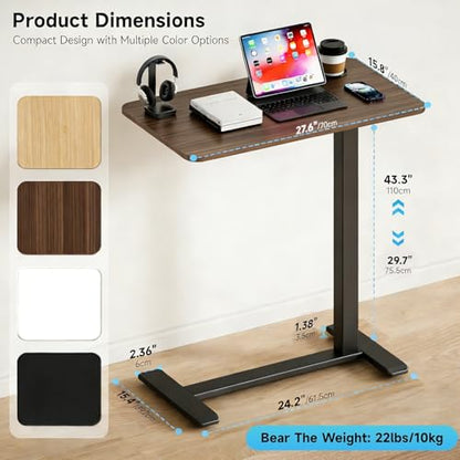 BIZUM Adjustable Hospital Bed Table on Wheels, Rolling Bedside Table Walnut | Adjustable height 29.7-43.3in, 27.6x15.8in surface, cup holder, 22lb capacity, pneumatic lift, 4 swivel wheels - color: Walnut