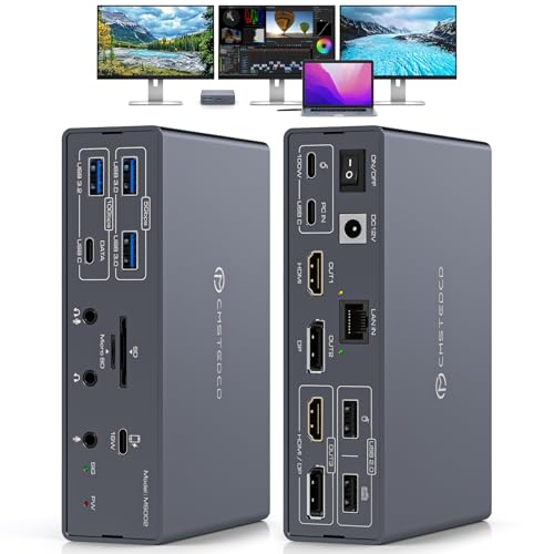 TJCXELE Displaylink Docking Station 3 Monitors with HDMI DP,19-in-1 USB C Laptop Docking Station Triple Display 4K 60Hz with PD 100W,10bps USBC/A Ethernet/Card Readers/Audio for M1 M2 M3/Mac&Windows