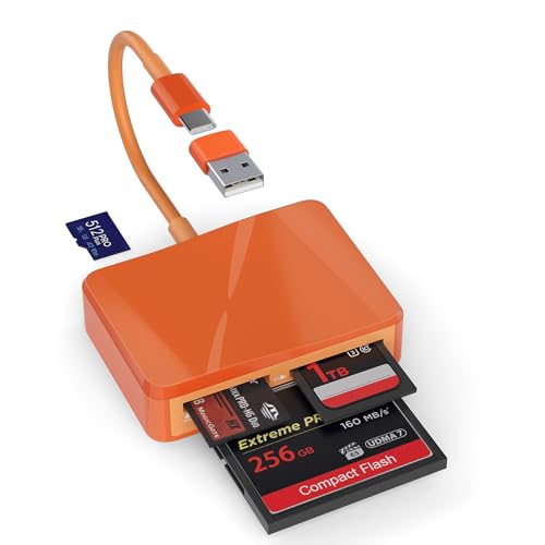 SD Card Reader, 4 in 1 USB C to SD/TF/CF/MS Card Reader with USB to USB C Adapter Memroy Card Reader for iPhone 17/16/15 Pro Max iPad Pro MacBook Pro/Air iMac M4/M3 Android Phone/Tablet PC (Orange) - color: Orange