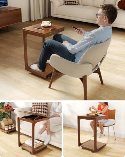 AQIMUELE Wooden C-Shaped End Table,Couch Table with Adjustable Desktop,Small Rolling Side Table with 2 Lockable Wheels,Small End Table for Couch, Living Room,Bedroom (Walnut) - color: Walnut, size: 15.6"D x 15.7"W x 24.8"H, style: Modern 2 Tier