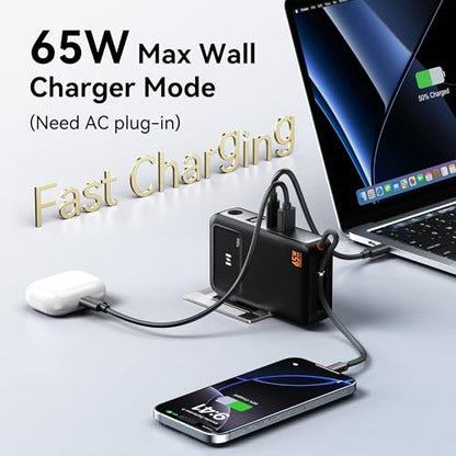 Portable Charger Wall Plug 65W for Laptop, 10000mAh Power Bank Built in Cable, USB-C Phone Battery Pack 35W Fast Charging, Travel Essentials Compatible with iPhone 17 16 15 Samsung iPad MacBook Pro