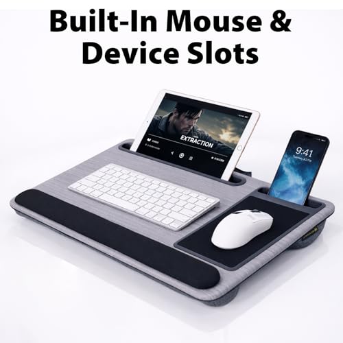 Cyberguys Comfort Lap Desk for Laptop up to 15.6 in – Black with Charcoal Grey Wood Overlay with Mouse Pad, Phone & Tablet Slot, Dual Cushion Base, Wrist Rest & Carry Handle for Bed Desk Couch Sofa - color: Black With Charcoal Grey Wood Overlay