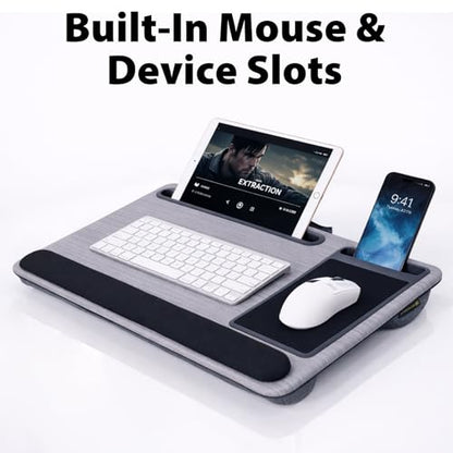 Cyberguys Comfort Lap Desk for Laptop up to 15.6 in – Black with Charcoal | Grey Wood Overlay with Mouse Pad, Phone & Tablet Slot, Dual Cushion Base, Wrist Rest & Carry Handle for Bed Desk Couch Sofa - color: Black With Charcoal Grey Wood Overlay