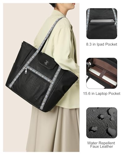 Large Laptop Tote Bag for Women Designer Leather Laptop Bag, 15.6in | Fashion Travel Backpack Purse Shoulder Handbag Fits 15.6 Laptop, Daily, Work, Business Trip, Weekend Travel, Teacher - color: Black Retro Style
