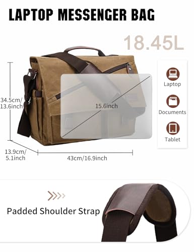 Messenger Bag for Men,Water Resistant Canvas Satchel 14 15.6 17 Inch Laptop Briefcases Business Shoulder Bag by RAVUO - color: 15.6 Inch-coffee