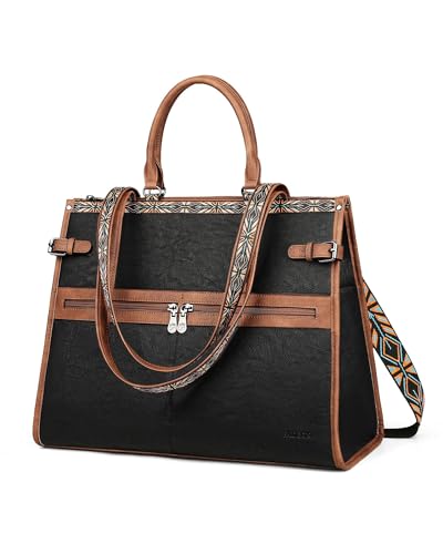 FADEON Laptop Bag for Women Designer PU Leather Large Tote Bags Backpack Purses with 15.6 Laptop Compartment Shoulder Handbag - color: Retro Black With Brown