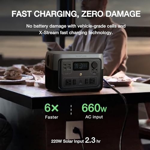 EF ECOFLOW Portable Power Station River 2 Max 500, 499Wh 500W | 1 Hr Fast Charging, LiFePO4 Battery, Up to 1000W Output Solar Generator (Solar Panel Optional) for Outdoor Camping/RVs