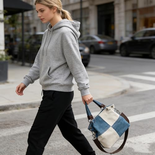 Women's Canvas Color Block Tote Bag Convertible Crossbody Hobo Handbag Lightweight Shoulder Bag for Daily Travel Work - color: Blue