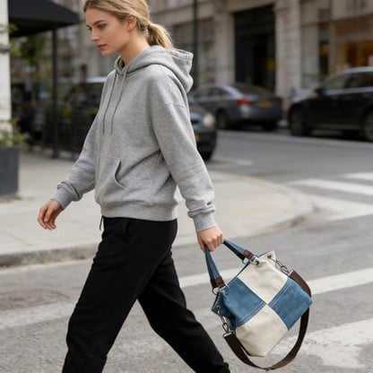 Women's Canvas Color Block Tote Bag Convertible Crossbody Hobo Handbag Lightweight Shoulder Bag for Daily Travel Work - color: Blue