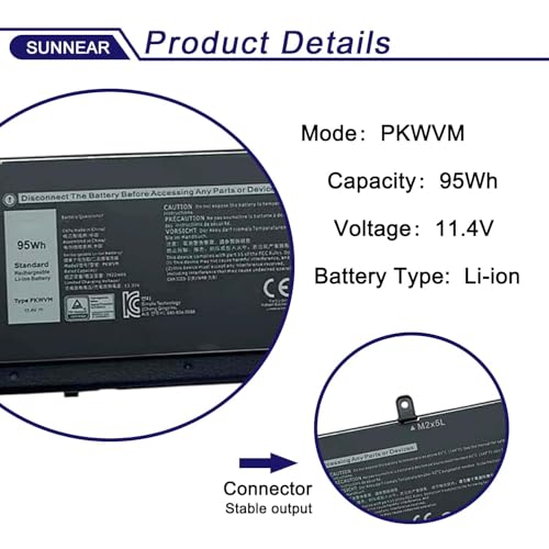6-Cell 95Wh PKWVM Laptop Battery Compatible with Dell Precision 7550 7560 7750 7760 Series P44E P93F P44E001 P44E002 P93F001 PKWVM 0CR72X CR72X 447VR CPA-447VR 017C86 - size: 11.42*3.78*0.16 inches PKWVM