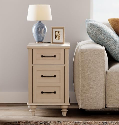 WAMPAT Beige End Table with Charging Station, Narrow Side Table with 1 Drawer &1 Storage Cabinet, Mid Century Modern Nightstand with Power Outlets & USB Ports for Living Room, Bedroom - color: Beige