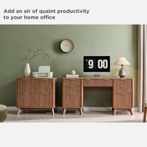 T4TREAM Fluted Executive Desk with Drawers, 60" Modern Home Office Computer Desk with Charging Station, File Cabinet, Keyboard Tray and Storage Cabinet for Study, Living Room, Bedroom, Light Walnut - color: Light Walnut