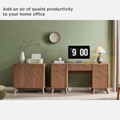 T4TREAM Fluted Executive Desk with Drawers, 60" Modern Home Office Computer Desk with Charging Station, File Cabinet, Keyboard Tray and Storage Cabinet for Study, Living Room, Bedroom, Light Walnut - color: Light Walnut