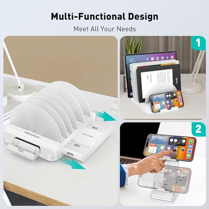 Vertical Laptop Stand Holder & Desk Organizer Rack - Adjustable Dock for MacBook, iPad, Phone (6-in-1 Multi Device Storage System with 360° Rotation) - color: White