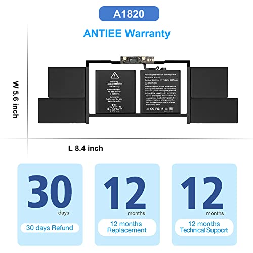 ANTIEE A1707 Battery Replacement, A1820 Battery for MacBook Pro 15" (Late 2016, Mid 2017) Touch Bar EMC 3072 EMC 3162 MLH32 MLH42 MLW72 MLW82 MPTR2 MPTT2 MLH52 MLW92 MPTU2 MPTV2 MPTW2 MPTX2 - size: 14*3.15*0.28inch A1820
