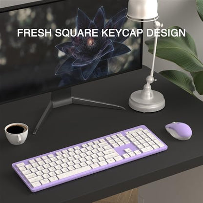MPTOG Wireless Keyboard and Mouse Combo, Full-Size 104-Key Office Keyboard with 15 Function Keys, Numeric Keypad, Single USB Receiver, Compatible with PC and Laptop(Purple White) - color: Purple White