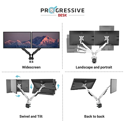 Progressive Desk Dual Monitor Arm - Gas Spring - Fits 17"-32" Monitors - 360° Rotation - Arm Holds Up to 40 lbs - VESA and Grommet Mount - style: Dual 17"-32" White