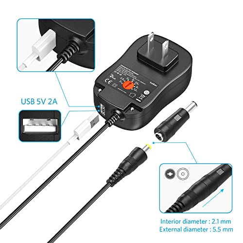 Belker 30W Universal 3V 4.5V 5V 6V 7.5V 9V 12V AC DC Adapter with 8 Tips | Power Supply with 5V 2A USB for LED Light Strip Router Speaker Smart Phone Tablet CCTV IP Camera TV Box - 2A Max - size: 30w 3-12v 2a w/USB