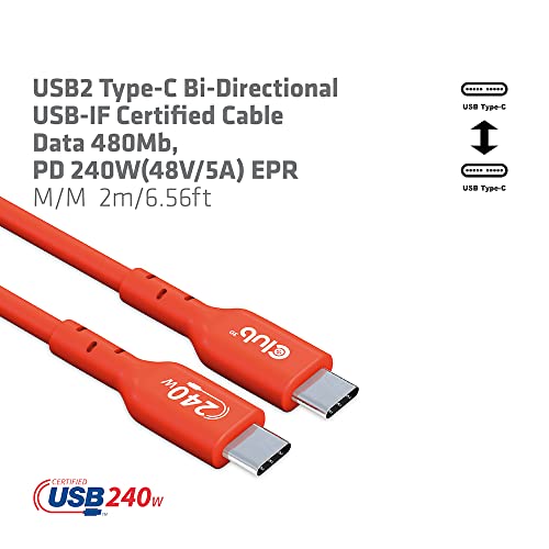 Club 3D CAC-1573 USB2 Type C to Type C Certified Bi-Directional Cable with 240W Charging, 480Mb Data Transmission EPR 2m - 6.56ft - size: 2m - 6.56ft