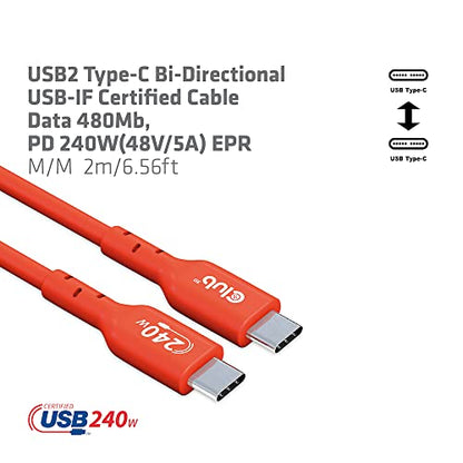 Club 3D CAC-1573 USB2 Type C to Type C Certified Bi-Directional Cable with 240W Charging, 480Mb Data Transmission EPR 2m - 6.56ft - size: 2m - 6.56ft