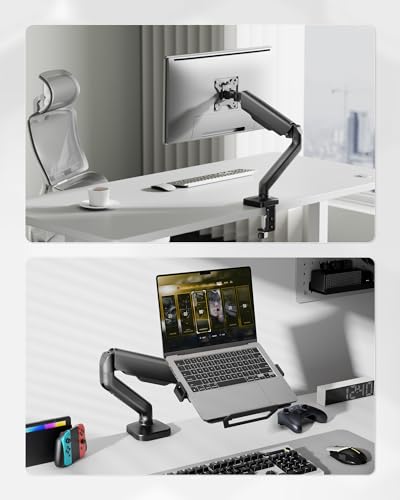monTEK 2-in-1 Laptop & Monitor Desk Mount, Fits 12–18"Laptops & 32" Screens | 2-in-1 Desk Mount with Removable Vented Laptop Tray, Full Motion Arm with Clamp/Grommet Base, 75/100 VESA Mount - style: Single Arm