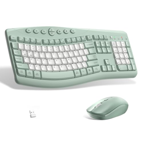Wireless Keyboard and Mouse Combo Silent Ergonomic Curved Design for Office | 2.4G Full Size Cordless Keyboard with Tilt Legs,3-Level DPI Quite Mouse for Windows,Mac OS/Desktop/Laptop/PC - color: Avocado green-B