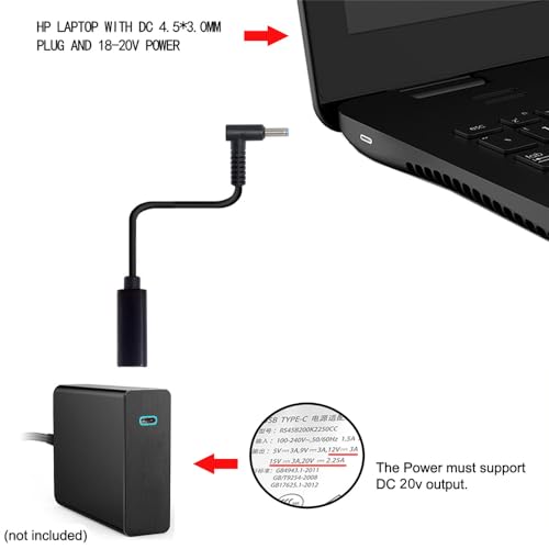 JSER Type C USB-C Female Input to DC 4.5x3.0mm Power PD DC 20V 65W Charge Cable fit Compatible for Laptop 18-20V (4.5x3.0mm) - style: DC 4.5*3.0mm