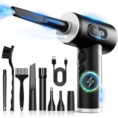 FRESMOL Compressed Air Duster, Rechargeable Cordless Electric Air Blower | 3-Gear Adjustable, 100000RPM, Smart LED Display, LED Light, Keyboard, PC, Car, Home Cleaning, Replaces Canned Air, Black