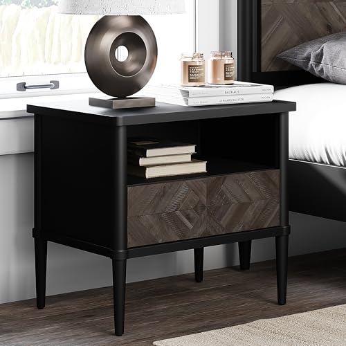 Lenia Solid Wood Nightstand, Mid Century Modern Night Stand End Table Bedroom Living Room, Herringbone Pattern Bedside Table for, Rustic Side Table with Drawer & Open Storage, Mocha Black - color: Mocha Black, size: Nightstand