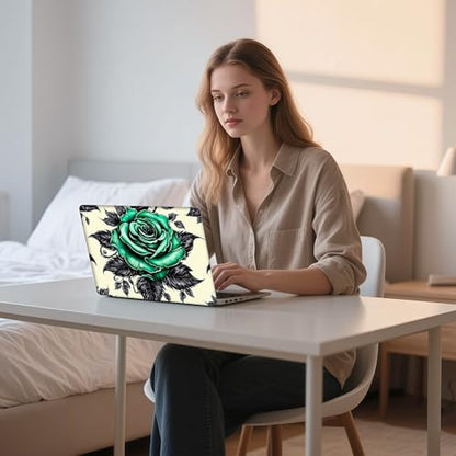 Aesthetic Laptop Skin Sticker, Green Rose with Black Leaves Waterproof Vinyl Laptop Decal, Removable Bubble Free, Reusable Protective Cover for 13 14 15 15.6 Inch - color: Green Rose with Black Leaves