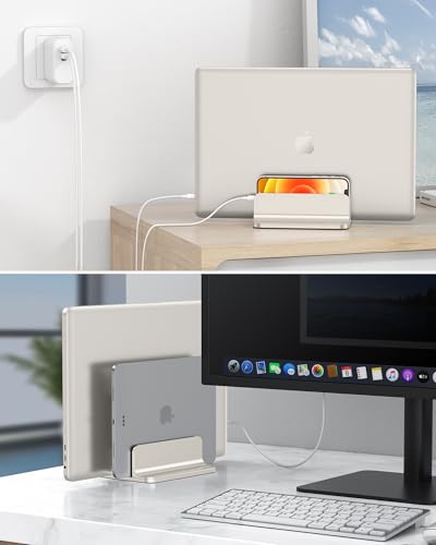 OMOTON Vertical Laptop Stand [Updated Double Version], Desktop Aluminum Mac Book Stand with Adjustable Dock Size, Fits All Mac Book, Surface, Chrome Book and Gaming Laptops (Up to 17.3") (Starlight) - color: Starlight