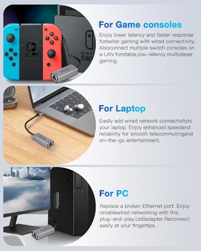 USB to Ethernet Adapter,Ethernet to USB,USBA to RJ45 for Nintendo Switch 2,Gigabit Ethernet Adapter, LAN Network for Laptop, MacBook,Chromebook,Surface, Desktop,PC and More (USB A with 3.0HUB)