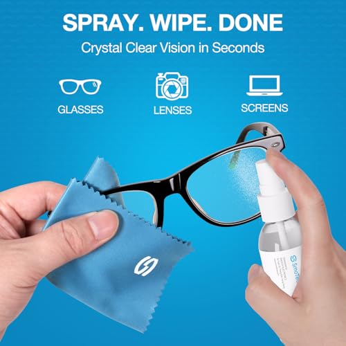 SmoTecQ Glasses Cleaner Kit – Alcohol-Free, Plant-Based Spray + Ultra-Soft Microfiber Cloths for Eyeglasses, Screens & Cameras – 2 x 2oz Spray Bottles + 2 Cloths + Travel Pouch Set