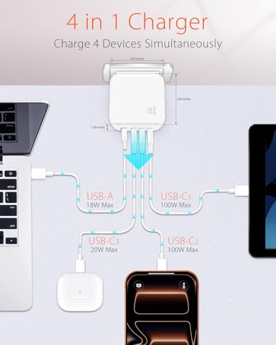 100W GaN USB C Charger Block, 4-Port Portable Fast Wall Charger with Foldable Plug & Travel Adapters, Fast Charging Station for iPhone 17/16/15 Pro Max/Plus, MacBook, ipad, Samsung, Laptop