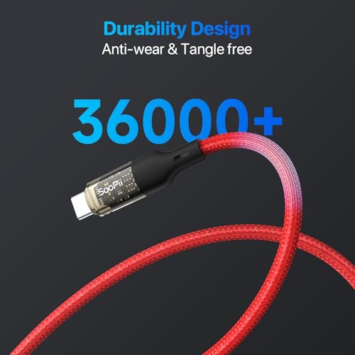 SOOPII USB C to USB C Cable [240W 4ft],Fast Charging USB C Cable with LED Display for MacBook Pro,lPhone16/15/15Pro/15ProMax,Galaxy S23+/S23 Ultra/S22 Ultra,etc.,Transparent Shell(Red) - color: Red, size: 4FT