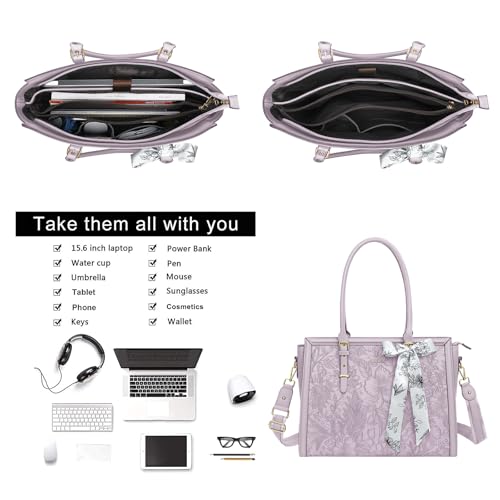 MOSISO Laptop Bag for Women, 15.6-16 inch PU Leather Tote Bag | Compatible with MacBook, HP,Dell,Asus, Front Embossed Retro Hibiscus Computer Bags with Silk Scarf&Clutch Purse, Dusty Lilac - color: Dusty Lilac, size: 16 inch