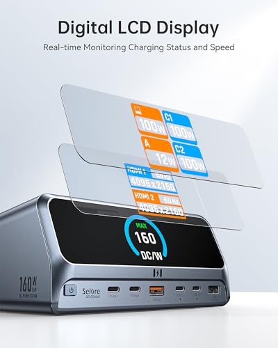 Selore Laptop Docking Station Dual HDMI Monitor 13-in-1 USB-C Dock | 2.26" LCD Display,160W Max Output, Dual 4K HDMI, 10Gbps USB A/C, 100W PD, Gigabit Ethernet,for Dell HP Lenovo Windows Laptops - color: Space Grey