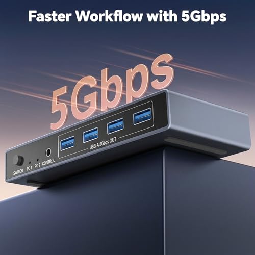 USB 3.0 Switch 2 in 7 Out, USB Switcher for 2 Computers Share 4 USB-A + 3 USB-C Devices - 5Gbps USB Switch Hub for Laptop Keyboard Mouse Printer with Controller, USB C Male Adapter, Power Adapter