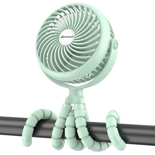 AMACOOL Baby Stroller Fan - 5000mAh Rechargeable, 3-Speed, Strong Yet Quiet, 360°Rotate Portable Clip on Fan for Travel, Car Seat, Crib, Bike, Treadmill, Beach Vacation Essentials - color: Green