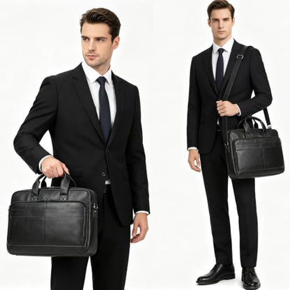 Leather Laptop Bag for Men Briefcase Fits 15.6 Inch Notebook Portable Shoulder Messenger Crossbody Bag for Travel Office - color: Black