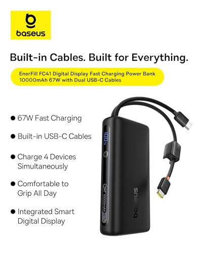 Baseus Mini Power Bank Fast Charging 67W, 10000mAh Small Portable Phone Charger Built-in Dual USB C Braided Cable, Travel Essential Battery Pack for iPhone 17/16/15, iPad, Samsung Galaxy S25/S24 etc. - color: Midnight Black