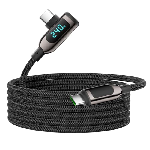 240W Right Angle USB C to USB C Cable [10ft],Nylon Braided Type C Fast Charging Cable with LED Display for lPhone 16/15 Pro Max, Galaxy S25/S24 Ultra, MacBook, Laptop,Black - size: 10FT
