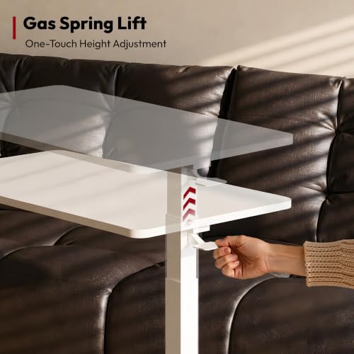 SANODESK 28''Pneumatic Adjustable Overbed Bedside Table with Hidden Casters | Medical Mobile Side End Table Laptop Computer Standing Desk Cart with Tray, Hospital and Home Use(27.6" W x 15.7" D,White) - color: White, size: Small