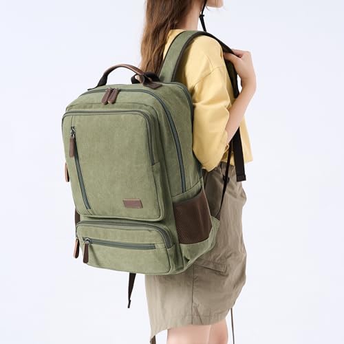 Canvas Laptop Backpack for Men Women,Durable Travel Work Business Rucksack Bookbags Fits 15.6 Inch Notebook & Laptops,College Backpacks Computer Bag Weekender Hiking Daypack(Green) - color: Green