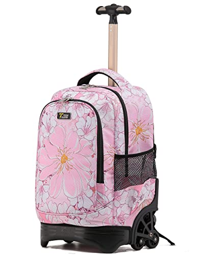 NEW TILAMI 18-Inch Rolling Backpack 6-Wheel for Kids School Travel | 6-Wheel Stair-Climbing Girls Boys Carry-on Suitcase Water-Resistant Adjustable Trolley Handle Wheels School Travel Camping - color: Pink Flowers