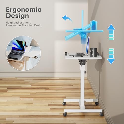 Athena Collection Adjustable Standing Desk with Wheels Overbed Table, White | Height Adjustability(28.5"-39.5"), Smooth-rolling Casters, Rolling Lab Cart with Large Tabletop for Office, Hospital, Clinic - color: White, size: Split Desktop