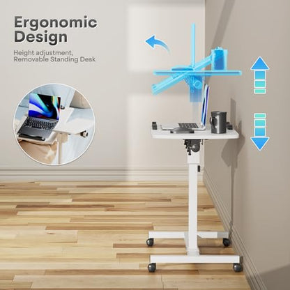 Athena Collection Adjustable Standing Desk with Wheels Overbed Table, White | Height Adjustability(28.5"-39.5"), Smooth-rolling Casters, Rolling Lab Cart with Large Tabletop for Office, Hospital, Clinic - color: White, size: Split Desktop